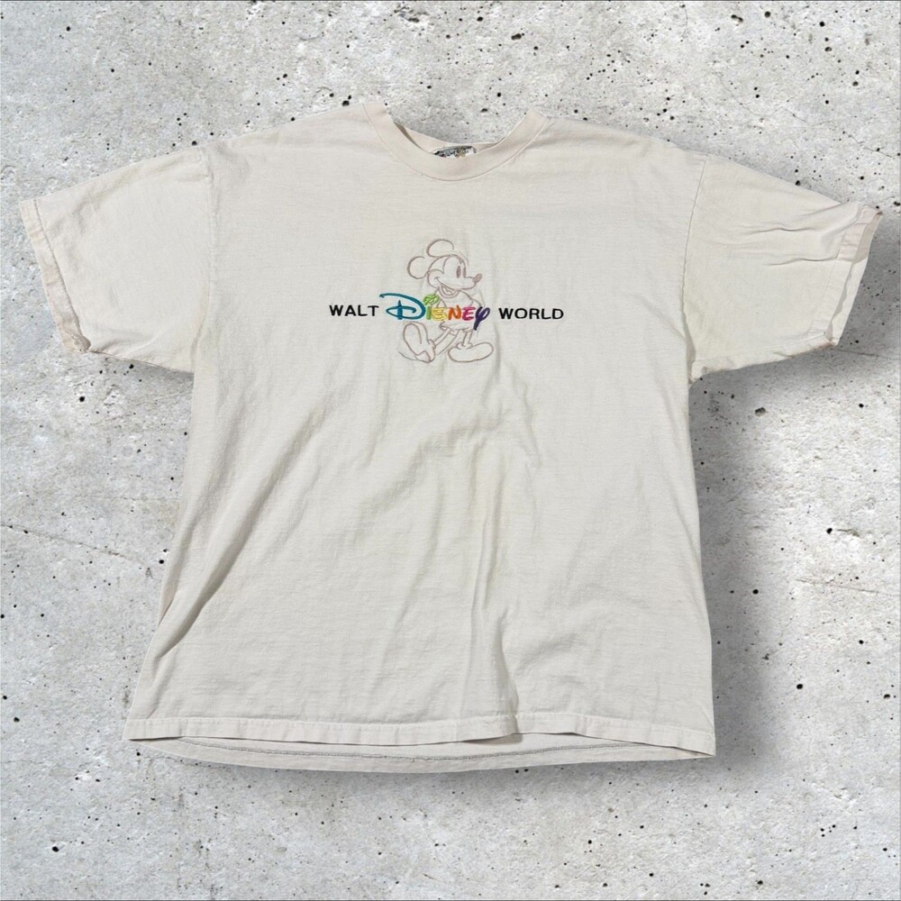 Vintage 90s Walt Disney World Mickey Mouse Embroidered T Shirt Mens XL Cream